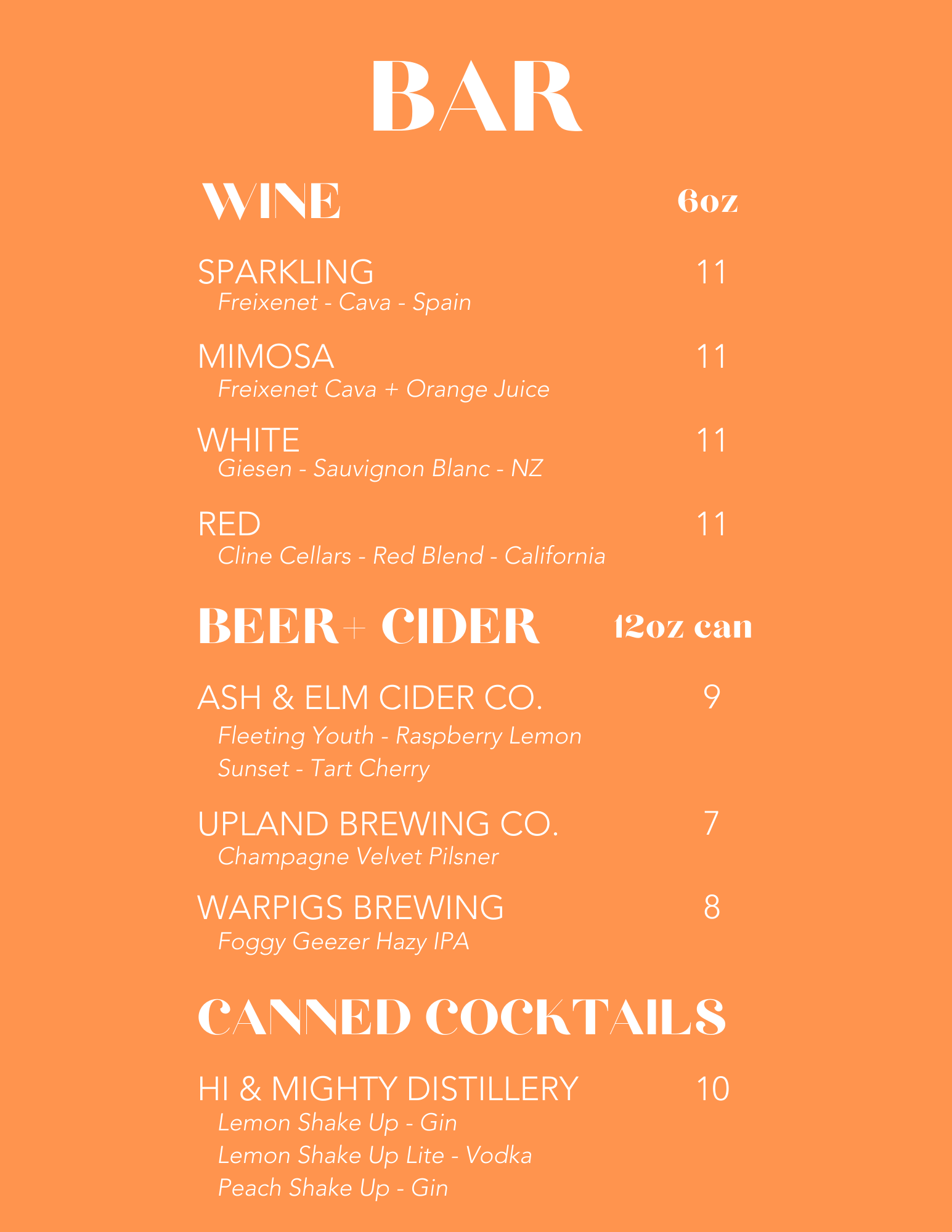 provider menu for alcoholic drinks